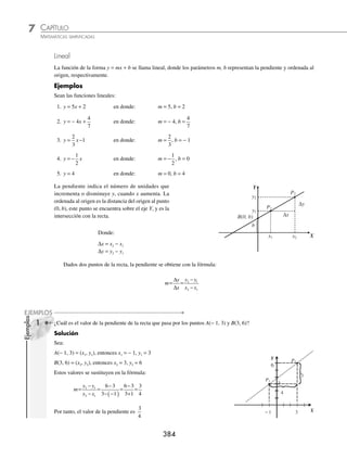 CAPÍTULO 7
ÁLGEBRA • Función lineal
383
Función
Es la relación que existe entre dos conjuntos, de manera que a los elementos de x les corresponde a lo más un elemento de y.
Se denota por:
y = f (x)
Se lee, y es igual a f de x
donde: x: variable independiente
y: variable dependiente
f (x): regla de correspondencia
Constante
Es la función que asocia un mismo valor a cada valor de la variable independiente
y = k
La representación gráﬁca es una línea recta paralela al eje X, sobre la ordenada k
Ejemplo
Graﬁca la función y = 3
Solución
Se traza una recta paralela al eje X, sobre la ordenada 3
Y
X
0
3 y = 3
Ecuación x = k
Una ecuación de la forma x = k no es una función. La representación gráﬁca de esta ecuación es una recta paralela
al eje Y que pasa por el valor de la abscisa k
Ejemplo
Representa en una gráﬁca la ecuación x = 2
Solución
Se traza una recta paralela al eje Y, que pasa sobre la abscisa 2
Y
X
0 2
x = 2
www.FreeLibros.org
 