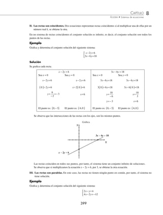 8 CAPÍTULO
MATEMÁTICAS SIMPLIFICADAS
398
Sistema de dos ecuaciones lineales con dos variables
Se ha visto que el conjunto solución de la ecuación Ax + By + C = 0, son todos los pares ordenados (x, y) que satisfacen
la ecuación.
En un sistema de dos ecuaciones con dos variables, que tiene la forma:
a x b y c
a x b y c
1 1 1
2 2 2
+ =
+ =
{
El conjunto solución lo forman todos los pares ordenados que satisfacen ambas ecuaciones, es decir:
x y a x b y c x y a x b y c
, ,
( ) + =
{ }∩ ( ) + =
{ }
1 1 1 2 2 2
Cada ecuación representa una recta en el plano, entonces, se pueden presentar tres casos:
I. Las rectas se intersecan en un punto. Las rectas sólo coinciden en un punto, por tanto, se dice que el sistema
tiene una solución.
Ejemplo
Graﬁca y determina la solución del siguiente sistema:
x y
x y
+ =
− =
{ 2 4
3 5
Solución
Se graﬁca cada una de las ecuaciones a partir de encontrar las intersecciones con los ejes XY.
x + 2y = 4 3x − y = 5
Sea x = 0
x y
+ =
2 4
0 2 4
( )+ =
y
y= =
4
2
2
La intersección con
el eje y es: 0 2
,
( )
Sea y = 0
x y
+ =
2 4
x+ ( )=
2 0 4
x= 4
La intersección con
el eje x es: 4 0
,
( )
Sea x = 0
3 5
x y
− =
3 0 5
( )− =
y
y=−5
La intersección con
el eje y es: 0 5
,−
( )
Sea y = 0
3 5
x y
− =
3 0 5
x−( )=
x=
5
3
La intersección con el
eje x
5
3
0
,
⎛
⎝
⎜
⎞
⎠
⎟
Gráﬁca
Y
X
x + 2y = 4
3x − y = 5
La solución es el punto donde se intersecan las rectas, en este caso (2, 1)
www.FreeLibros.org
 