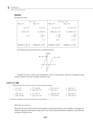 CAPÍTULO 8
ÁLGEBRA • Sistemas de ecuaciones
399
II. Las rectas son coincidentes. Dos ecuaciones representan rectas coincidentes si al multiplicar una de ellas por un
número real k, se obtiene la otra.
En un sistema de rectas coincidentes el conjunto solución es inﬁnito, es decir, el conjunto solución son todos los
puntos de las rectas.
Ejemplo
Graﬁca y determina el conjunto solución del siguiente sistema:
x y
x y
− =
− =
{ 2 6
3 6 18
Solución
Se graﬁca cada recta.
x − 2y = 6 3x − 6y = 18
Sea x = 0
x y
− =
2 6
0 2 6
( )− =
y
y=
−
=−
6
2
3
El punto es: 0 3
,−
( )
Sea y = 0
x y
− =
2 6
x− ( )=
2 0 6
x=6
El punto es: 6 0
,
( )
Sea x = 0
3 6 18
x y
− =
3 0 6 18
( )− =
y
y=
−
18
6
y=− 3
El punto es: 0 3
,−
( )
Sea y = 0
3 6 18
x y
− =
3 6 0 18
x− ( )=
x=
18
3
x=6
El punto es: 6 0
,
( )
Se observa que las intersecciones de las rectas con los ejes, son los mismos puntos.
Gráﬁca
Y
X
x − 2y = 6
3x − 6y = 18
Las rectas coinciden en todos sus puntos, por tanto, el sistema tiene un conjunto inﬁnito de soluciones.
Se observa que si multiplicamos la ecuación x − 2y = 6, por 3, se obtiene la otra ecuación.
III. Las rectas son paralelas. En este caso, las rectas no tienen ningún punto en común, por tanto, el sistema no
tiene solución.
Ejemplo
Graﬁca y determina el conjunto solución del siguiente sistema:
2 4
4 2 12
x y
x y
− =
− =−
{
www.FreeLibros.org
 