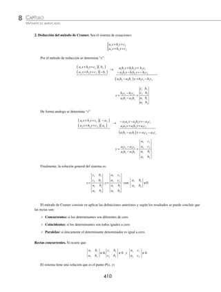 CAPÍTULO 8
ÁLGEBRA • Sistemas de ecuaciones
409
3 Determina
a
a b a b
1
2 2
− −
.
Solución
Se aplica la deﬁnición.
a
a b a b
a a b a b a ab a b
1
1
2 2
2 2 2 2 2
− −
=( ) −
( )− −
( )( )= − − + =b
b ab
2
−
Por consiguiente, el resultado es b ab
2
−
4 Resuelve
x x
x
x x
x
3
4 3
3
9 9
2 2
−
−
+
+
.
Solución
Se aplica la deﬁnición.
x x
x
x x
x
x x x
x x
3
4 3
3
9 9
3 4 3
9
2 2 2
−
−
+
+
=
( ) −
( )−( ) −
( )
( ) +
(
( )−( ) +
( )
=
− − +
+ − −
=
+
9 3
3 12 4
9 9 27
2
2
3 2 2
2
x
x x x
x x x
x x−
−
−
12
27
3
x
=
+
( ) −
( )
−
( ) + +
( )
x x
x x x
4 3
3 3 9
2
=
+
+ +
x
x x
4
3 9
2
Finalmente, el resultado es
x
x x
+
+ +
4
3 9
2
EJERCICIO 85
Encuentra el valor de los siguientes determinantes:
1.
2 3
5 4
−
4.
5 6
9 3
−
− 7.
a a b
a b
−
10.
a b a
b a b
a b
a a
−
−
2.
− −
−
6 8
7 1
5.
3
4
1
2
3 1
−
8.
m n m n
m m n
− +
−
11.
x x
x
x
x
−
−
2
5 2
5
5
3.
−
−
4 2
6 3
6.
2
5
7
2
2
3
1
4
−
9.
2 3
5 4
6 3
1 2
− −
−
−
⁄Veriﬁca tus resultados en la sección de soluciones correspondiente
www.FreeLibros.org
 