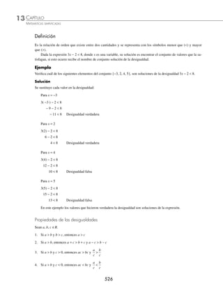 CAPÍTULO 12
ÁLGEBRA • Ecuaciones de segundo grado
523
Ejemplo
Resuelve el sistema:
2 3 15
2 9
2 2
2 2
a ab b
a ab b
− + =
− + =
⎧
⎨
⎩
Solución
Se elimina el término independiente,
3 2 3 15
5 2 9
2 2
2 2
a ab b
a ab b
− + =
( )
− − + =
( )
→
6 9 3 45
5 10 5 45
2 2
2 2
a ab b
a ab b
− + =
− + − = −
a2
+ ab − 2b2
= 0
La ecuación resultante se resuelve para a:
a b a b
+
( ) −
( )=
2 0
a = − 2b o a = b
Se sustituye en la segunda ecuación y se resuelve para b, y se determina que,
si a = − 2b, entonces −
( ) − −
( )( )+ =
2 2 2 9
2 2
b b b b
9 9
2
b =
b = ± 1
si a = b, entonces b b b b
( ) − ( )( )+ =
2 2
2 9
0 9
≠
Para a = b, la ecuación es inconsistente.
Se calculan los valores de a sustituyendo b = 1 y b = − 1, en la relación,
a = − 2b
Por consiguiente, las soluciones en el orden (a, b) son:
(− 2, 1), (2, − 1)
EJERCICIO 132
Resuelve los siguientes sistemas de ecuaciones:
1
4 0
0
2
.
x y
x y
− =
− =
⎧
⎨
⎩
6
7 0
2 1
2 2
.
− + − + =
= −
⎧
⎨
⎩
w wz z
w z
2
9
3
2 2
.
a b
a b
+ =
+ =
⎧
⎨
⎩
7
3 57
3 43
2 2
2 2
.
b a
a b
+ =
− − = −
⎧
⎨
⎩
3
2 9
0
2 2
.
x y
x y
− =
+ =
⎧
⎨
⎩
8
9 2 1
9 2 1
2 2
2 2
.
x y
x y
− =
+ =
⎧
⎨
⎩
4
8
0
.
2
xy
x y
=
− =
⎧
⎨
⎩
9
28
36
2 2
2 2
.
a b
a b
− = −
+ =
⎧
⎨
⎩
5
19
2
2 2
.
x xy y
x y
− + =
− =
⎧
⎨
⎩
10
49
2 0
2 2
2 2
.
a ab b
a ab b
+ + =
− − =
⎧
⎨
⎩
www.FreeLibros.org
 