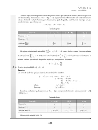 13 CAPÍTULO
MATEMÁTICAS SIMPLIFICADAS
540
EJERCICIO 135
Determina el conjunto solución de las siguientes desigualdades.
1.
5
4 3
0
x −
 6.
2 6
2 4
0
x
x
+
−
≤ 11.
x x
x x
2
4
1 2
0
+
( )
−
( ) +
( )

2.
3
2 5
0
x −
≤ 7.
x
x
+
−
≥
1
3
0 12.
x x
x x
−
( ) −
( )
+
( ) −
( )
≤
3 2 3
2 4
0
2
3.
x
x
−
−

2
2 5
0 8.
3
1
2
3
x x
+

−
13.
4 3
6 1
0
2
−
( ) +
( )
+
( ) −
( )
≥
x x
x x
4.
6
2
0
2
x −
( )
 9.
4
3 1
2
4
x x
+
≤
−
5.
5
6 2
0
−
≥
x
10.
3
2
1
2
x x
+
≤
−
⁄Veriﬁca tus resultados en la sección de soluciones correspondiente
Desigualdad que tiene la expresión (x – a) (x – b) (x – c)...
Una forma práctica para determinar el conjunto solución, es construir una tabla con los intervalos que se forman al
encontrar los valores que hacen cero a cada factor, como se ilustra en el siguiente ejemplo.
Ejemplo
Resuelve la desigualdad x x x
−
( ) −
( ) +
( )≥
2 4 2 0.
Solución
Se determinan los valores que hacen cero a cada factor para formar los intervalos.
Para x − 2 = 0 → x = 2 ; Para x − 4 = 0 → x = 4 ; Para x + 2 = 0 → x = − 2
( , − 2] [− 2, 2] [2, 4] [ 4, )
− ∞ ∞
− ∞ ∞
− 2 0 2 4
−4
Tabla de signos
Intervalo (∞
∞, 2] [2, 2] [2, 4] [4, ∞
∞)
Signo de x − 2 − − + +
Signo de x − 4 − − − +
Signo de x + 2 − + + +
Signo de (x − 2)(x − 4)(x + 2) ( − )( − )( − ) = − ( − )( − )( + ) = + ( + )( − )( + ) = − ( + )( + )( + ) = +
La desigualdad indica que el producto es positivo, entonces se toman los intervalos cuyo producto es positivo, es
decir, −
[ ]
2 2
, y 4,∞
[ ) , luego, la unión de estos intervalos es el conjunto solución.
Finalmente, la solución de la desigualdad es: −
[ ]
2 2
, ∪ 4,∞
[ )
www.FreeLibros.org
 