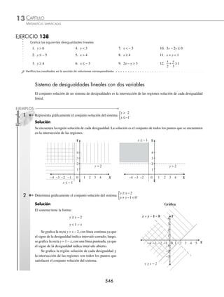 CAPÍTULO 13
ÁLGEBRA • Desigualdades
543
Al aplicar el procedimiento para resolver una desigualdad racional, por el método de intervalos, los valores que hacen
cero al numerador y al denominador son x = − 3 y x = − 2, respectivamente, el denominador debe ser distinto de cero;
entonces el intervalo es abierto, lo mismo para el numerador ya que la desigualdad es estrictamente mayor que cero, por
tanto los intervalos que se forman son:
( − ∞, − 3 ), ( − 3, − 2 ), ( − 2, ∞ )
Tabla de signos
Intervalo (  ∞
∞,  3 ) (  3,  2 ) (  2, ∞
∞)
Signo de − 3x − 9 + − −
Signo de x + 2 − − +
Signo de
3x − 9
x + 2
+
−
= −
−
−
= +
−
+
= −
El conjunto solución para la desigualdad
x
x
−
+

1
2
4 es: ( − 3, − 2 ), de manera similar, se obtiene el conjunto solución
de la desigualdad −
−
+
⎛
⎝
⎜
⎞
⎠
⎟ 
x
x
1
2
4 , dando como solución el intervalo − −
⎛
⎝
⎜
⎞
⎠
⎟
2
7
5
, ; la unión de las soluciones obtenidas da
origen al conjunto solución de la desigualdad original, por consiguiente la solución es:
( − 3, − 2 ) ∪ − −
⎛
⎝
⎜
⎞
⎠
⎟
2
7
5
,
3 Resuelve la desigualdad |x + 1| ≥ |1 − 2x|.
Solución
Una forma de resolver el ejercicio es elevar al cuadrado ambos miembros,
| | | |
x x
+
( ) ≥ −
( )
1 1 2
2 2
→ ( x + 1 )2
≥ ( 1 − 2x )2
x2
+ 2x + 1 ≥ 1 − 4x + 4x2
0 ≥ 1 − 4x + 4x2
− x2
− 2x − 1
0 ≥ 3x2
− 6x
o bien, 3x2
− 6x ≤ 0
factorizar, 3x( x − 2 ) ≤ 0
Los valores con factores iguales a cero son: x = 0 y x = 2, por consiguiente, los intervalos se deﬁnen como: (− ∞, 0],
[ 0, 2 ] y [ 2, ∞ )
Tabla de signos
Intervalo (  ∞
∞, 0] [0, 2] [2, ∞
∞)
Signo de 3x − + +
Signo de x − 2 − − +
Signo de 3x(x − 2) ( − )( − ) = + ( + )( − ) = − ( + )( + ) = +
El intervalo de solución es [ 0, 2 ]
www.FreeLibros.org
 