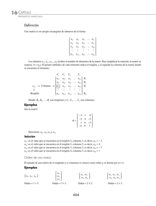 CAPÍTULO 15
ÁLGEBRA • Progresiones
601
Ejemplos
EJEMPLOS
14. ¿Qué tasa de interés compuesto anual, capitalizable trimestralmente, duplica el valor de la inversión en 10 años?
15. ¿Qué tiempo se necesita para triplicar una inversión con rendimiento de 10% de interés compuesto anual, capitalizable
cuatrimestralmente?
16. El índice de crecimiento que se plantea para una población de 6 700 habitantes es de 2% anual. ¿Cuánto habrá crecido
la población en 20 años?
17. ¿Qué tiempo habrá transcurrido para que un capital de $5 300 se convirtiera en $5 627.45, con una tasa de interés
compuesto anual de 2%, capitalizable mensualmente?
18. Una empresa pide un préstamo bancario de $400 000 para la compra de maquinaria. Si dicho crédito está sujeto a
5% de interés compuesto anual, capitalizable semestralmente, y el tiempo para pagarlo es de 10 años, ¿cuál será el
monto que se pagará?
19. Emilia invierte $85 000 durante 3 años y recibe un monto de $92 881. ¿Cuál fue la tasa de interés compuesto anual
a la que fue sometida dicha inversión?
20. ¿Cuál fue el interés que generaron $20 000 si se invirtieron con una tasa de 12% de interés compuesto anual, capita-
lizable mensualmente durante 4 años?
⁄Veriﬁca tus resultados en la sección de soluciones correspondiente
Depreciación
Se deﬁne como la pérdida de valor de un activo físico (automóviles y casas, entre otros), como consecuencia del uso
o del transcurso del tiempo. Muchos de ellos tienen una vida útil durante un periodo ﬁnito.
En este capítulo sólo se abordará el método de porcentaje ﬁjo, que se deﬁne como:
S = C 1−
( )
d
t
Donde:
S: valor de salvamento o valor de desecho
C: costo original del activo
d: tasa de depreciación anual
t: vida útil calculada en años
1 La tasa de depreciación de un automóvil del año está calculada en 8% anual. Si un cliente paga en una agencia $120 000
por una unidad, ¿cuál será el valor de desecho del automóvil al ﬁnal de su vida útil, si se calcula que es de 5 años?
Solución
De acuerdo con los datos:
C = 120 000, d = 8% = 0.08 y t = 5
Al sustituir los valores en la fórmula y desarrollar las operaciones se obtiene:
S = 120 000 1 0 08
5
−
( )
. = 120 000 0 92
5
.
( ) = 120 000 0 6590
.
( ) = 79 080
Por tanto, el valor del automóvil a los cinco años es de $79 080
2 Una pizzería compra una motocicleta en $42 000 para el reparto de su mercancía. Se calcula que su vida útil será
de 4 años y al ﬁnal de ella su valor de desecho será de $15 000, determina la tasa de depreciación anual de la mo-
tocicleta.
www.FreeLibros.org
 