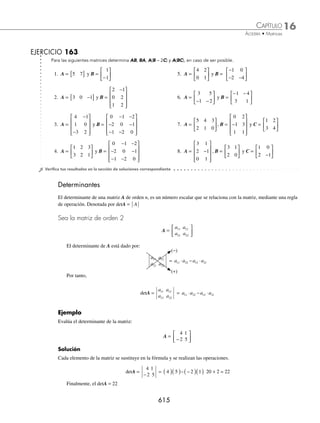 16 CAPÍTULO
MATEMÁTICAS SIMPLIFICADAS
612
(continuación)
Entonces,
3M − 2N = 3M + (− 2N) =
−
⎡
⎣
⎢
⎢
⎤
⎦
⎥
⎥
9 3
12 15
0 3
+
−
−
⎡
⎣
⎢
⎢
⎤
⎦
⎥
⎥
4 8
2 0
0 6
=
− − +
+ +
+ −
⎡
⎣
⎢
⎢
⎤
⎦
⎥
⎥
9 4 3 8
12 2 15 0
0 0 3 6
=
−
−
⎡
⎣
⎢
⎢
⎤
⎦
⎥
⎥
13 11
14 15
0 3
Finalmente, 3M − 2N es
−
−
⎡
⎣
⎢
⎢
⎤
⎦
⎥
⎥
13 11
14 15
0 3
3 Dada la siguiente igualdad:
3
m n
+
⎡
⎣
⎢
⎤
⎦
⎥
2
1 4
−
m n
y
− −
⎡
⎣
⎢
⎤
⎦
⎥
2
5
=
10 8
3 7
⎡
⎣
⎢
⎤
⎦
⎥, determina el valor de las incógnitas.
Solución
Se realizan las operaciones indicadas.
3
m n
+
⎡
⎣
⎢
⎤
⎦
⎥
2
1 4
−
m n
y
− −
⎡
⎣
⎢
⎤
⎦
⎥
2
5
=
3 2 2 3
3 1 3 4 5
m m n n
y
+
( )− −
( ) − −
( )− ( )−
⎡
⎣
⎢
⎤
⎦
⎥
( )
=
2 8 4
3 7
m n
y
+
−
⎡
⎣
⎢
⎤
⎦
⎥
Luego,
2 8 4
3 7
m n
y
+
−
⎡
⎣
⎢
⎤
⎦
⎥ =
10 8
3 7
⎡
⎣
⎢
⎤
⎦
⎥
Los términos resultantes se igualan con los términos correspondientes de la matriz del segundo miembro, y se
obtiene el siguiente sistema de ecuaciones:
2 8 10
4 8
3– 3
m
n
y
+ =
=
=
⎧
⎨
⎪
⎩
⎪
Al resolver el sistema se obtienen los siguientes valores: y = 0, m = 1 y n = 2
EJERCICIO 162
Para las siguientes matrices, efectúa A + B, A − B, A − A, 4A − 3B y 2A − 0B
1. A =
−
⎡
⎣
⎢
⎤
⎦
⎥
3 1
0 2
, B =
−
⎡
⎣
⎢
⎤
⎦
⎥
3 1
0 2
2. A = 2 0 1
[ ], B= −
[ ]
6 7 3
3. A =
2 7
1 0
2 3
−
−
⎡
⎣
⎢
⎢
⎤
⎦
⎥
⎥
, B =
−
−
⎡
⎣
⎢
⎢
⎤
⎦
⎥
⎥
4 5
2 6
1 7
4. A =
2 3 1
4 6 1
− −
−
⎡
⎣
⎢
⎤
⎦
⎥, B =
1 6 4
3 2 7
−
−
⎡
⎣
⎢
⎤
⎦
⎥
5. A =
2
5
5
1
8
0 3 2
7
1
5
0
⎡
⎣
⎢
⎢
⎢
⎢
⎢
⎤
⎦
⎥
⎥
⎥
⎥
⎥
, B =
−
−
−
⎡
⎣
⎢
⎢
⎢
⎢
⎢
⎢
⎢
⎤
⎦
⎥
⎥
⎥
⎥
⎥
⎥
⎥
1
1
3
0
1
3
5 8
2
3
4
5
3
2
En las siguientes igualdades, determina el valor de las incógnitas.
6.
a w
v c d
−
− −
⎡
⎣
⎢
⎤
⎦
⎥
7 5
4 1
+ 2
3 1 4
3 0
b
v
− −
− −
⎡
⎣
⎢
⎤
⎦
⎥ =
6 7
1 7 5
−
− −
⎡
⎣
⎢
⎤
⎦
⎥
w
www.FreeLibros.org
 