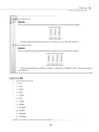 CAPÍTULO 5
ARITMÉTICA • Números decimales
69
Ejemplos
EJEMPLOS
1 Lee el número 0.18.
Solución
0.18 se acomoda de izquierda a derecha haciendo coincidir el cero con el periodo de las unidades.
Unidades
Décimos
Centésimos
0 1 8
El número dado está formado por 1 décimo y 8 centésimos, y se lee: “dieciocho centésimos”.
2 Lee el número 5.037.
Solución
5.037 se acomoda de izquierda a derecha haciendo coincidir al 5 con el periodo de las unidades.
Unidades
Décimos
Centésimos
Milésimos
5 0 3 7
El número está formado por 5 unidades, 0 décimos, 3 centésimos y 7 milésimos. Se lee: “cinco enteros treinta y
siete milésimos”.
EJERCICIO 43
Lee los siguientes números:
1. 0.31
2. 1.098
3. 20.004
4. 2.809
5. 12.0915
6. 3.567
7. 13.0876
8. 0.00005
9. 245.06093
10. 2.040009
11. 18.040506
12. 342.000256
⁄Veriﬁca tus resultados en la sección de soluciones correspondiente
www.FreeLibros.org
 
