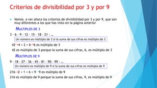 Criterios de divisibilidad por 3 y por 9
 Vamos a ver ahora los criterios de divisibilidad por 3 y por 9, que son
muy diferentes a los que has visto en la página anterior
MULTIPLOS DE 3
3 – 6 – 9 – 12 – 15 – 18 – 21 - …
42 4 + 2 = 6 6 es múltiplo de 3
42 es múltiplo de 3 porque la suma de sus cifras, 6, es múltiplo de 3
MULTIPLOS DE 9
9 – 18 – 27 – 36 – 45 – 81 – 90 – 99 - …
216 2 + 1 + 6 = 9 9 es múltiplo de 9
216 es múltiplo de 9 porque la suma de sus cifras, 9, es múltiplo de 9
Un número es múltiplo de 3 si la suma de sus cifras es múltiplo de 3
Un número es múltiplo de 9 si la suma de sus cifras es múltiplo de 9
 