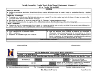 Escuela Normal del Estado “Profr. Jesús Manuel Bustamante Mungarro”
Ciclo Escolar 2014 - 2015
Lic. Educación Primaria Sexto Semestre
SESIÓN 2
Inicio: (10 minutos)
 Dictar dos problemas alusivos al tema de los números mayas. Al concluir revisar de manera grupal los resultados obtenidos y resolver
dudas.
Desarrollo: (30 minutos)
 Proyectar en el cañón el video “La historia de los números mayas”. Al concluir, realizar una lluvia de ideas en la que se muestren las
opiniones de los alumnos sobre el video mostrado.
 Escribir en el cuaderno los números mayas del 1 al 50. Entregar a la docente para su revisión.
 Reunidos en trinas, resolver las páginas 154 y 155 del libro de texto. Socializar las respuestas de manera grupal.
Cierre:(10 minutos)
 Pegar en el pizarrón imágenes de símbolos mayas, los cuales representan una sucesión numérica. Dicha secuencia tendrá espacios
vacíos que el alumno debe completar en el sistema de numeración maya.
Recursos, materiales e instrumentos: Evaluación
 Video “La historia de los números mayas”.
 Libro y cuaderno.
 Imágenes de símbolos mayas para sucesión.
 Que los alumnos sean capaces de explicar las similitudes y
diferencias entre el sistema decimal de numeración y un sistema
posicional o no posicional, mediante actividades realizadas en la
sesión y resolución de hojas de trabajo, lo cual será evidencia de su
desempeño, registrando resultados en lista de cotejo.
Observaciones e imprevistos:
_______________________________________________ _______________________________________________
Docente asesor(a) Docente tutor(a)
Asignatura: MATEMÁTICAS Bloque: V Eje:  Sentido numérico y
pensamiento algebraico
Libro de texto: 152-164 Tema: Análisis de las similitudes y diferencias entre el sistema
decimal de numeración y el sistema maya *
Estándares curriculares: Aprendizajes esperados: Competencias que se favorecen:
 Lee, escribe y compara números  Explica las similitudes y diferencias  Resolver problemas de manera
ESCUELAPRIMARIA: “Profr. Manuel Mirazo Navarrete #1”
Periodo: 13 de Mayo del 2015 Grado y Grupo: 5° “C”
Nombre del docente:Cinthia Alejandra Amaya Ramírez Nombre del practicante: Paulina Gpe. Morales Yanes
 