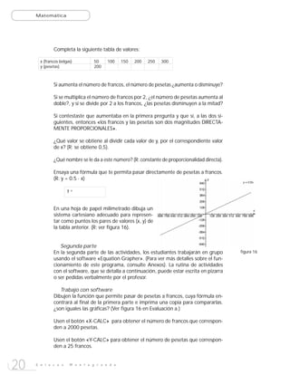 Matemática




              Completa la siguiente tabla de valores:

       x (francos belgas)         50    100    150   200   250   300
       y (pesetas)                200



              Si aumenta el número de francos, el número de pesetas ¿aumenta o disminuye?

              Si se multiplica el número de francos por 2, ¿el número de pesetas aumenta al
              doble?, y si se divide por 2 a los francos, ¿las pesetas disminuyen a la mitad?

              Si contestaste que aumentaba en la primera pregunta y que sí, a las dos si-
              guientes, entonces «los francos y las pesetas son dos magnitudes DIRECTA-
              MENTE PROPORCIONALES».

              ¿Qué valor se obtiene al dividir cada valor de y, por el correspondiente valor
              de x? (R: se obtiene 0,5).

              ¿Qué nombre se le da a este número? (R: constante de proporcionalidad directa).

              Ensaya una fórmula que te permita pasar directamente de pesetas a francos.
              (R: y = 0.5 · x)

                      y=



              En una hoja de papel milimetrado dibuja un
              sistema cartesiano adecuado para represen-
              tar como puntos los pares de valores (x, y) de
              la tabla anterior. (R: ver figura 16).


                 Segunda parte
              En la segunda parte de las actividades, los estudiantes trabajarán en grupo       figura 16
              usando el software «Equation Grapher». (Para ver más detalles sobre el fun-
              cionamiento de este programa, consulte Anexos). La rutina de actividades
              con el software, que se detalla a continuación, puede estar escrita en pizarra
              o ser pedidas verbalmente por el profesor.

                 Trabajo con software
              Dibujen la función que permite pasar de pesetas a francos, cuya fórmula en-
              contrará al final de la primera parte e imprima una copia para compararlas.
              ¿son iguales las gráficas? (Ver figura 16 en Evaluación a.)

              Usen el botón «X-CALC» para obtener el número de francos que correspon-
              den a 2000 pesetas.

              Usen el botón «Y-CALC» para obtener el número de pesetas que correspon-
              den a 25 francos.



20   E n l a c e s     M o n t e g r a n d e
 