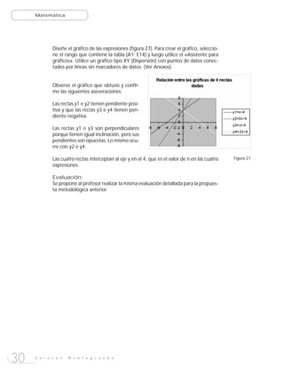 Matemática




             Diseñe el gráfico de las expresiones (figura 27). Para crear el gráfico, seleccio-
             ne el rango que contiene la tabla (A1: E14) y luego utilice el «Asistente para
             gráficos». Utilice un gráfico tipo XY (Dispersión) con puntos de datos conec-
             tados por líneas sin marcadores de datos. (Ver Anexos).


             Observe el gráfico que obtuvo y confir-
             me las siguientes aseveraciones:

             Las rectas y1 e y2 tienen pendiente posi-
             tiva y que las rectas y3 e y4 tienen pen-
             diente negativa.

             Las rectas y1 e y3 son perpendiculares
             porque tienen igual inclinación, pero sus
             pendientes son opuestas. Lo mismo ocu-
             rre con y2 e y4.

             Las cuatro rectas interceptan al eje y en el 4, que es el valor de n en las cuatro   Figura 27
             expresiones.

             Evaluación:
             Se propone al profesor realizar la misma evaluación detallada para la propues-
             ta metodológica anterior.




30   E n l a c e s   M o n t e g r a n d e
 