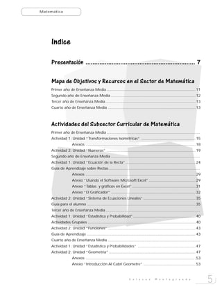 Matemática




     Indice

     Presentación ............................................................... 7

     Mapa de Objetivos y Recursos en el Sector de Matemática
     Primer año de Enseñanza Media ................................................................................ 11
     Segundo año de Enseñanza Media ............................................................................ 12
     Tercer año de Enseñanza Media ................................................................................. 13
     Cuarto año de Enseñanza Media ............................................................................... 13



     Actividades del Subsector Curricular de Matemática
     Primer año de Enseñanza Media ....................................................................................
     Actividad 1: Unidad “Transformaciones Isométricas” ................................................. 15
                     Anexos ................................................................................................... 18
     Actividad 2: Unidad “Números” ................................................................................ 19
     Segundo año de Enseñanza Media ................................................................................
     Actividad 1: Unidad “Ecuación de la Recta” ............................................................... 24
     Guía de Aprendizaje sobre Rectas ..................................................................................
                     Anexos ................................................................................................... 29
                     Anexo “Usando el Software Microsoft Excel” .......................................... 29
                     Anexo “Tablas y gráficos en Excel” ......................................................... 31
                     Anexo “El Graficador” ............................................................................ 32
     Actividad 2: Unidad “Sistema de Ecuaciones Lineales” ............................................... 35
     Guía para el alumno .................................................................................................. 35
     Tercer año de Enseñanza Media .....................................................................................
     Actividad 1: Unidad “Estadística y Probabilidad” ........................................................ 40
     Actividades Grupales ................................................................................................. 40
     Actividad 2: Unidad “Funciones” ............................................................................... 43
     Guía de Aprendizaje .................................................................................................. 43
     Cuarto año de Enseñanza Media ...................................................................................
     Actividad 1: Unidad “Estadística y Probabilidades” .................................................... 47
     Actividad 2: Unidad “Geometría” .............................................................................. 47
                     Anexos ................................................................................................... 53
                     Anexo “Introducción Al Cabri Geometre” ............................................... 53



                                                                     E n l a c e s         M o n t e g r a n d e
                                                                                                                                     5
 