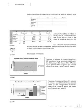 Matemática




                         Utilizando las fórmulas para el cálculo de frecuencias, llenen la siguiente tabla:

                               x            f            frel            fac          fac rel
                               Antártico
                               Artico
                               Atlántico
                               Indico
                               Pacífico
                               n




                                                                       Abra una nueva hoja de trabajo en
                                                                       Excel, y cree allí, la tabla de distribu-
                                                                       ción de frecuencias, como la que
                                                                       acaba de completar (ver figura 38).



figura 38
                                                                   Para calcular la frecuencia relativa,
                         necesita ocupar la fórmula (figura 39), donde n debe estar definido con ante-
                         rioridad (más detalles consulte en Anexos).


                         Gráfica de la información
figura 39


                                                        Para crear el polígono de frecuencia(ver figura
                                                        40), seleccione el rango que contiene las frecuen-
                                                        cias absolutas (A1: B6) y luego utilice el Asisten-
                                                        te para gráficos. Utilice un gráfico tipo persona-
                                                        lizado de columnas y áreas (consulte Anexos).




figura 40


                                                           Para crear el histograma (figura 41), seleccio-
                                                           ne el rango que contiene las frecuencias ab-
                                                           solutas (A1: B6) y luego utilice el Asistente
                                                           para gráficos. Utilice un gráfico tipo colum-
                                                           nas agrupadas (Vea Anexos).




figura 41


                                                                E n l a c e s   M o n t e g r a n d e
                                                                                                                   41
 