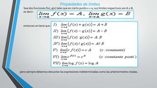 Propiedades de límites
Sea dos funciones f(x), g(x) tales que en cierto punto x = a, sus límites respectivos son A y B,
es decir:
entonces se tiene que:
pero siempre debemos descartar las expresiones indeterminadas como las anteriormente citadas.
 