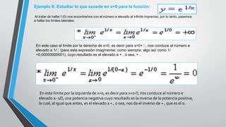 Ejemplo 6: Estudiar lo que sucede en x=0 para la función:
Al tratar de hallar f (0) nos encontramos con el número e elevado al infinito impreciso, por lo tanto, pasemos
a hallar los límites laterales:
En este caso el límite por la derecha de x=0, es decir para x=0+ , nos conduce al número e
elevado a 1/ (para esta expresión imagínense, como siempre, algo así como 1/
+0,00000000001), cuyo resultado es el elevado a + , o sea, + .
En este límite por la izquierda de x=0, es decir para x=0- , nos conduce al número e
elevado a -1/ , una potencia negativa cuyo resultado es la inversa de la potencia positiva,
la cual, al igual que antes, es el elevado a + , o sea, nos da el inverso de + , que es el 0.
 