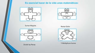 Es esencial hacer de la vida unas matemáticas:
Sumar Alegrías
Restar Dolor
Dividir las Penas
Y Multiplicar el amor
 