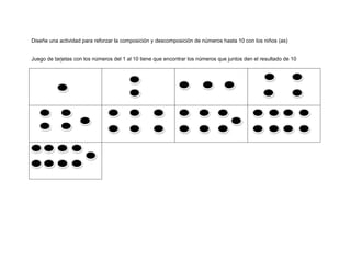 Diseñe una actividad para reforzar la composición y descomposición de números hasta 10 con los niños (as)
Juego de tarjetas con los números del 1 al 10 tiene que encontrar los números que juntos den el resultado de 10
 