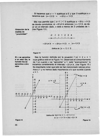 Si hacemos que x - 1 sustituya a E y que 3 sustituya a e
tenemos que IX-11<3 ~ -3<x - 1<3
Ello nos permite que I x-1 1< 3 sustituyaa -3<x -1<3
de donde concluimos; si -2<X<4 entonces I x-11<3, es de-
cir en el intervalo dado, x está a menos de 3 unidades de 1.
Obtencl6n de la (Ver Figura 13.)
medida de
"proximidad" . -2 -1 O 1 2 3 4
n I I I I I o
-2<X<4 ~ -3<x-1<3 ~ Ix-11<3
Sea la función definida por la ecuación' (x) = 2 x + 1
cuya gráfica está en la Figura 14. Observaráel comportamiento
de , (x) cuando x se "aproxime" a 1; este "acercamiento" lo
iniciamos considerando el intervalo -2<X<4. (Ver Figura 15.)
Es importante notar que sólo se han mencionado valores próxi-
mos a 1 y no hemos dado importanciaa lo que suceda cuando
x=.1. y
y r--- 9 - --~f(X) = 9
1 8 /1I
X = -2 I 7
"--1 6
I
I 5
. I 4
I
I ~I .2
1
Figura 13
SI x .8 aproxima
a un valor fiJo, la
función ,(x).8
aproxima a otro
valor .
Figura 14
46
GráficadeIx -11 < 3
I
1
I x=4
1-/
I
I
I
I
x
Gráficade '(x)= 2x + 1; -2 < x< 4
si Ix - 11< 3 =>I'(x)-3 < 6
Figura 15
 