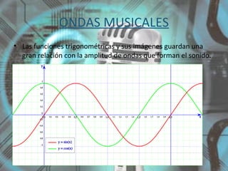 ONDAS MUSICALES
• Las funciones trigonométricas y sus imágenes guardan una
gran relación con la amplitud de ondas que forman el sonido.
 