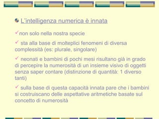 L’intelligenza numerica è innata
non solo nella nostra specie
 sta alla base di molteplici fenomeni di diversa
complessità (es: plurale, singolare)
 neonati e bambini di pochi mesi risultano già in grado
di percepire la numerosità di un insieme visivo di oggetti
senza saper contare (distinzione di quantità: 1 diverso
tanti)
 sulla base di questa capacità innata pare che i bambini
si costruiscano delle aspettative aritmetiche basate sul
concetto di numerosità
 