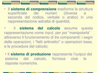 • Il sistema di comprensione trasforma la struttura
superficiale dei numeri (diversa a
seconda del codice, verbale o arabo) in una
rappresentazione astratta di quantità;
• Il sistema del calcolo assume questa
rappresentazione come input, per poi “manipolarla”
attraverso il funzionamento di tre componenti: i segni
delle operazioni, i “fatti aritmetici” o operazioni base,
e le procedure del calcolo;
• Il sistema di produzione rappresenta l’output del
sistema del calcolo, fornisce cioè le
risposte numeriche.
 