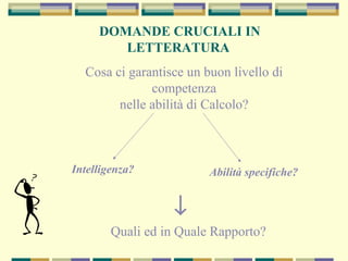 DOMANDE CRUCIALI IN
LETTERATURA
Cosa ci garantisce un buon livello di
competenza
nelle abilità di Calcolo?
Intelligenza? Abilità specifiche?
↓
Quali ed in Quale Rapporto?
 