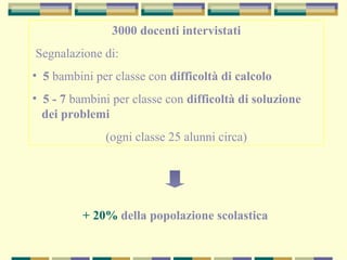 3000 docenti intervistati
Segnalazione di:
• 5 bambini per classe con difficoltà di calcolo
• 5 - 7 bambini per classe con difficoltà di soluzione
dei problemi
(ogni classe 25 alunni circa)
+ 20% della popolazione scolastica
 