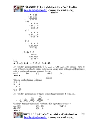 NOTAS DE AULAS - Matemática - Prof. Joselias
joselias@uol.com.br - www.concurseiros.org
NOTAS DE AULAS- Matemática - Prof. Joselias
joselias@uol.com.br - www.concurseiros.org
102
Solução
A 1 4 B 6
+ 1 0 C 8 D
6 E 8 6 5
D = 9
A 1 4 B 6
+ 1 0 C 8 9
6 E 8 6 5
B= 7
A 1 4 7 6
+ 1 0 C 8 9
6 E 8 6 5
C = 3
A 1 4 7 6
+ 1 0 3 8 9
6 E 8 6 5
E = 1 e A = 5
5 1 4 7 9
+ 1 0 3 8 9
6 1 8 6 5
Logo:
A + B – C + D – E = 5 + 7 – 3 + 9 – 1 = 17
27. Considere que a seqüência (C, E, G, F, H, J, I, L, N, M, O, Q, ...) foi formada a partir de
certo critério. Se o alfabeto usado é o oficial, que tem 23 letras, então, de acordo com esse
critério, a próxima letra dessa seqüência deve ser
(A) P (B) R (C) S (D) T (E) U
Resp. A
Solução
Observe com facilidade a seqüência:
E F G
H J I
L M N
O Q P
28. Considere que a sucessão de figuras abaixo obedece a uma lei de formação.
O número de circunferências que compõem a 100a
figura dessa sucessão é
(A) 5 151 (B) 5 050 (C) 4 950
(D) 3 725 (E) 100
Resp. B
 