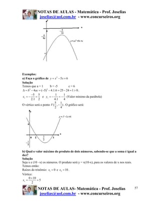 NOTAS DE AULAS - Matemática - Prof. Joselias
joselias@uol.com.br - www.concurseiros.org
NOTAS DE AULAS- Matemática - Prof. Joselias
joselias@uol.com.br - www.concurseiros.org
57
Exemplos:
a) Faça o gráfico de 2
5 6y x x= − +
Solução
Temos que a = 1 b = -5 c = 6
2 2
4 ( 5) 4.1.6 25 24 1 0b acΔ = − = − − = − = > .
5 5
2.1 2
vx
−
= − = e
1 1
4.1 4
vy = − = − (Valor mínimo da parábola)
O vértice será o ponto
5 1
( , )
2 4
V − . O gráfico será:
b) Qual o valor máximo do produto de dois números, sabendo-se que a soma é igual a
dez?
Solução
Seja x e (10 –x) os números. O produto será y = x(10-x), para os valores de x nos reais.
Temos então:
Raízes do trinômio: 1 0x = e 2 10x = .
Vértice:
0 10
5
2
vx
+
= =
 