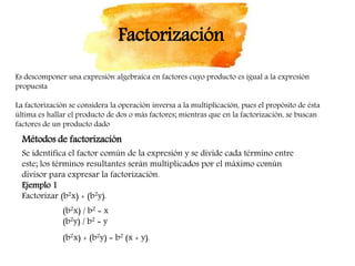 Factorización
Es descomponer una expresión algebraica en factores cuyo producto es igual a la expresión
propuesta
La factorización se considera la operación inversa a la multiplicación, pues el propósito de ésta
última es hallar el producto de dos o más factores; mientras que en la factorización, se buscan
factores de un producto dado
Métodos de factorización
Se identifica el factor común de la expresión y se divide cada término entre
este; los términos resultantes serán multiplicados por el máximo común
divisor para expresar la factorización.
Ejemplo 1
Factorizar (b2x) + (b2y).
(b2x) / b2 = x
(b2y) / b2 = y
(b2x) + (b2y) = b2 (x + y).
 