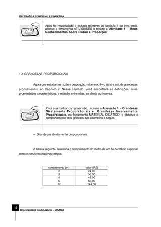MATEMÁTICA COMERCIAL E FINANCEIRA
10
Universidade da Amazônia –UNAMA
Após ter recapitulado o estudo referente ao capítulo 1 do livro texto,
acesse a ferramenta ATIVIDADES e realize a Atividade 1 – Meus
Conhecimentos Sobre Razão e Proporção.
1.2 GRANDEZAS PROPORCIONAIS
Agora que estudamos razão e proporção, retorne ao livro texto e estude grandezas
proporcionais, no Capítulo 2. Nesse capítulo, você encontrará as definições; suas
propriedades características; a relação entre elas, se direta ou inversa.
– Grandezas diretamente proporcionais:
A tabela seguinte, relaciona o comprimento do metro de um fio de titânio especial
com os seus respectivos preços:
Para sua melhor compreensão, acesse a Animação 1 - Grandezas
Diretamente Proporcionais e Grandezas Inversamente
Proporcionais, na ferramenta MATERIAL DIDÁTICO, e observe o
comportamento dos gráficos dos exemplos a seguir.
comprimento (m) valor (R$)
2 24,00
3 36,00
4 48,00
5 60,00
12 144,00
 