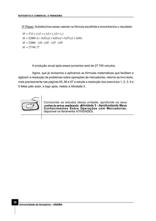 MATEMÁTICA COMERCIAL E FINANCEIRA
38
Universidade da Amazônia –UNAMA
3º Passo: Substituímos esses valores na fórmula escolhida e encontramos o resultado:
77,27749
09,1.07,1.05,1.03,1.22000
)09,01).(07,01).(05,01).(03,01.(22000
)1).(1).(1).(1.( 4321
=
=
++++=
++++=
M
M
M
iiiiPM
A produção anual após esses aumentos será de 27.749 veículos.
Agora, que já revisamos e aplicamos as fórmulas matemáticas que facilitam e
agilizam a resolução de problemas sobre operações de mercadorias, retorne ao livro texto,
mais precisamente nas páginas 65, 66 e 67 e estude a resolução dos exercícios 1, 2, 3, 4 e
5 feitas pelo autor, e logo após, realize a Atividade 5.
Concluindo os estudos dessa unidade, aprofunde os seus
conhecim entosrealizando aAtividade 5 - Aprofundando Meus
Conhecimentos Sobre Operações com Mercadorias,
disponível na ferramenta ATIVIDADES.
 