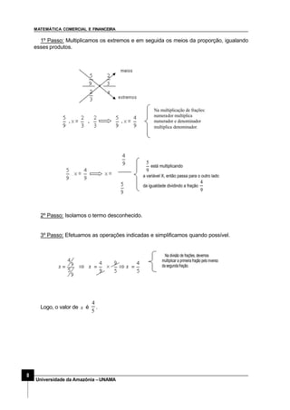 MATEMÁTICA COMERCIAL E FINANCEIRA
8
Universidade da Amazônia –UNAMA
1º Passo: Multiplicamos os extremos e em seguida os meios da proporção, igualando
esses produtos.
Na multiplicação de frações:
numerador multiplica
numerador e denominador
multiplica denominador.
9
5
está multiplicando
a variável X, então passa para o outro lado
da igualdade dividindo a fração
9
4
2º Passo: Isolamos o termo desconhecido.
3º Passo: Efetuamos as operações indicadas e simplificamos quando possível.
Na divisão de frações, devemos
multiplicar a primeira fração pelo inverso
da segunda fração.
Logo, o valor de x é
5
4
.
 