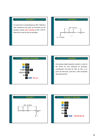Exemplo 6                                            Exemplo 6



Um automóvel é comercializado por R$ 17.800,00 à
vista; sabendo-se que pode ser financiado em 36
parcelas mensais (sem entrada) de R$ 1.075,73,
determinar a taxa de juros da operação.




             Exemplo 6 (Exemplo)                                         Exemplo 7



               f    REG                            Uma pessoa realiza depósitos mensais no valor de

               g    END                            R$ 100,00 em uma caderneta de poupança;
                                                   considerando uma taxa de 0,8% ao mês, e um
          17.800
          17 800 CHS       PV
                                                   prazo de trinta anos, qual será o valor acumulado
        1.075,73 PMT
                                                   após este período?
               36   n

                    i           5% a.m.




                    Exemplo 7                                     Exemplo 7 (Solução)


                                                             f     REG

                                                             g     END

                                                           100 PMT
                                                            0,8    i

                                                           360     n

                                                                   FV         – R$ 207.641,32




                                                                                                       6
 