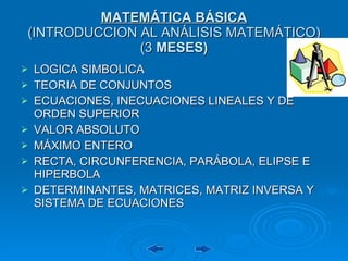 MATEMÁTICA BÁSICA (INTRODUCCION AL ANÁLISIS MATEMÁTICO) (3  MESES) LOGICA SIMBOLICA TEORIA DE CONJUNTOS ECUACIONES, INECUACIONES LINEALES Y DE ORDEN SUPERIOR VALOR ABSOLUTO MÁXIMO ENTERO RECTA, CIRCUNFERENCIA, PARÁBOLA, ELIPSE E HIPERBOLA DETERMINANTES, MATRICES, MATRIZ INVERSA Y SISTEMA DE ECUACIONES 
