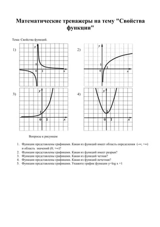 Математические тренажеры на тему "Свойства
функции"
Тема: Свойства функций.
Вопросы к рисункам
1. Функции представлены графиками. Какая из функций имеет область определения (-∞; +∞)
и область значений (0; +∞)?
2. Функции представлены графиками. Какая из функций имеет разрыв?
3. Функции представлены графиками. Какая из функций четная?
4. Функции представлены графиками. Какая из функций нечетная?
5. Функции представлены графиками. Укажите график функции y=log x +1
 