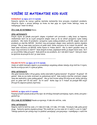 9
VJEŽBE IZ MATEMATIKE KOD KUCE
RAZGLEDAJ za djecu od 2-3 razreda
Pomozite djetetu da razvije vještine mentalne matematike kroz procjenu vrijednosti predmeta.
Uključite dijete u proces plaćanja za hranu na kasi gdje se cijene hrane sabiraju, novac se
razmjenjuje i kusur se dobija.
ŠTA VAM JE POTREBNO Novac.
OPIS AKTIVNOSTI
Pitajte dijete da pokuša procijeniti ukupnu vrijednost svih proizvoda u vašoj korpi za kupovinu.
Jednostavan način da se ocjeni prosječan ukupan iznos je da se odredi prosječna cijena svakog
predmeta. Ako imate 10 predmeta i prosječna cijena svakog predmeta je $2.00, ukupan iznos svih
predmeta je otprilike $20.00. Koristeći ovaj procijenjeni ukupan iznos, postavite djetetu sljedeće
pitanje: “Ako ja imam samo novčanice od jedan dolar, koliko novčanica će mi trebati da platim? Ako
imam samo novčanicu od $20.00, koliko kusura bi trebao dobiti? Ako ću dobiti gvozdeni novac za
kusur, koje novčanice ću dobiti?” Kada dodjete na kasu, pogledajte koliko je ukupan tačan iznos. Da li
je ovo približno Vašoj procjeni? Kada platiš za sve predmete, da li ćeš dobiti kusur? Izbrojite kusur
sa djetetom da provjerite da li je iznos tačan.
-------------------------------------------------------------------
POLAKO PO PUTU za djecu od 2-5 razreda
Jedan od važnih koncepta algebre je pronalaženje uzajamnog odnosa izmedju dvije količine ili mjere,
kao što su milje po satu ili cijena po galonu.
OPIS AKTIVNOSTI
Ako galon benzina košta 1.24 po galonu, koliko onda košta 5 galona benzina? 10 galona? 15 galona? 20
galona? Kako se ovo može izračunati na jednostavan način? Kako možete otprilike izračunati ukupan
iznos ako zaokružite cijenu jednog galona? Ako je limit brzine vožnje 55 milja na sat, koliko ćeš milja
preći za jedan sat? Za dva sata? Za tri sata? Koliko dugo će ti trebati da predješ 500 milja?
(Provjerite odgovore pomoću digitrona).
-------------------------------------------------------------------
NAPUNI za djecu od K-2 razreda
Punjenje praznih posuda pruža priliku djeci da istražuju koncepte poredjenja, mjera, obima, procjene i
geometrije.
ŠTA VAM JE POTREBNO Posuda za mjerenje, 4 čaše iste veličine., voda.
OPIS AKTIVNOSTI
Naspite različite količine vode u tri čaše (1/3 čaše, 1/2 čaše, 3/4 čaše). Poredajte čaše jednu pored
druge. Postavite djetetu sljedeće pitanje “Šta misliš da li je nivo vode isti ili različit u ove tri čaše?”
Takodje postavite par pitanja koje će podstaći poredjenje, procjenjivanje i razmišljanje o različitim
 