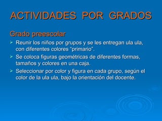 ACTIVIDADES  POR  GRADOS Grado preescolar Reunir los niños por grupos y se les entregan ula ula, con diferentes colores “primario”. Se coloca figuras geométricas de diferentes formas, tamaños y colores en una caja. Seleccionar por color y figura en cada grupo, según el color de la ula ula, bajo la orientación del docente. 