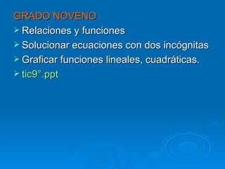 GRADO NOVENO Relaciones y funciones Solucionar ecuaciones con dos incógnitas Graficar funciones lineales, cuadráticas. tic9°. ppt 