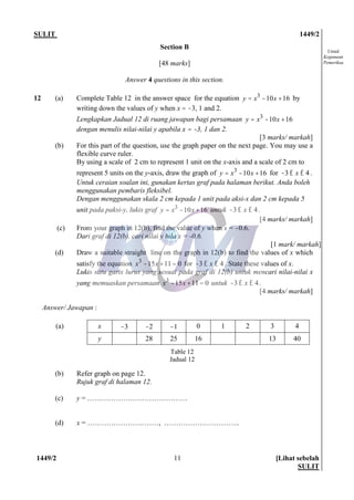SULIT 1449/2
1449/2 [Lihat sebelah
SULIT
11
Untuk
Kegunaan
Pemeriksa
Section B
[48 marks]
Answer 4 questions in this section.
12 (a) Complete Table 12 in the answer space for the equation 3
10 16y x x= - + by
writing down the values of y when x = -3, 1 and 2.
Lengkapkan Jadual 12 di ruang jawapan bagi persamaan 3
10 16y x x= - +
dengan menulis nilai-nilai y apabila x = -3, 1 dan 2.
[3 marks/ markah]
(b) For this part of the question, use the graph paper on the next page. You may use a
flexible curve ruler.
By using a scale of 2 cm to represent 1 unit on the x-axis and a scale of 2 cm to
represent 5 units on the y-axis, draw the graph of 3
10 16y x x= - + for 3 4x- £ £ .
Untuk ceraian soalan ini, gunakan kertas graf pada halaman berikut. Anda boleh
menggunakan pembaris fleksibel.
Dengan menggunakan skala 2 cm kepada 1 unit pada aksi-x dan 2 cm kepada 5
unit pada paksi-y, lukis graf 3
10 16y x x= - + untuk 3 4x- £ £ .
[4 marks/ markah]
(c) From your graph in 12(b), find the value of y when x = -0.6.
Dari graf di 12(b), cari nilai y bila x = -0.6.
[1 mark/ markah]
(d) Draw a suitable straight line on the graph in 12(b) to find the values of x which
satisfy the equation 3
15 11 0x x- + = for 3 4x- £ £ . State these values of x.
Lukis satu garis lurus yang sesuai pada graf di 12(b) untuk mencari nilai-nilai x
yang memuaskan persamaan 3
15 11 0x x- + = untuk 3 4x- £ £ .
[4 marks/ markah]
Answer/ Jawapan :
(a) x -3 -2 -1 0 1 2 3 4
y 28 25 16 13 40
(b) Refer graph on page 12.
Rujuk graf di halaman 12.
(c) y = ……………………………………
(d) x = …………………………, …………………………..
Table 12
Jadual 12
 