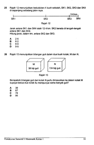 25 Rajah 12 menunjukkan kedudukan 4 buah sekolah, SK1, SK2, SK3 dan SK4
di sepanjang sebatang jalan raya.
3-6 km
SK1 SK2
Rajah 12
SK3 SK4
Jarak antara SK1 dan SK4 ialah 12-4 km. SK2 berada di tengah-tengah
antara SK1 dan SK4.
Hitung jarak, dalam km, antara SK2 dan SK3.
A 2'6
B 6-2
C 8-8
D 9-8
26 Rajah 13 menunjukkan bilangan guli dalam dua buah kotak, M dan N.
/
M
56 biji guii
/
/
/
N
134 biji guli
/
/
Rajah 13
Berapakah bilangan guli dari kotak N perlu dimasukkan ke dalam kotak M
supaya kedua-dua kotak itu mempunyai sama banyak guli?
A
B
C
D
39
67
78
95
Pentaksiran Sumertif 3 Matematik Kertas 1 11
 