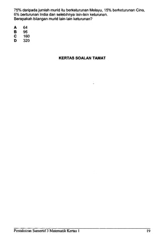 75% daripada jumlah murid itu berketurunan Melayu, 15% berketurunan Cina,
6% berturunan India dan selebihnya Iain-lain keturunan.
Berapakah bilangan murid Iain-lain keturunan?
A 64
B 96
C 160
D 320
KERTAS SOALAN TAMAT
Pentaksiran Sumertif 3 MatematikKertas 1 19
 