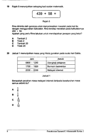 19 Rajah 8 menunjukkan sekeping kad soalan matematik.
439 + 58 =
Rajah 8
Rina diminta oleh gurunya untuk menyelesaikan masalah pada kad itu
dengan menggunakan kalkulator. Rina tersilap menekan pada kalkulatornya
459 + 58.
Apakah yang perlu Rina lakukan untuk mendapatkan jawapan yang betul?
A
B
C
D
Tambah 2
Tolak 2
Tambah 20
Tolak 20
20 Jadual 1 menunjukkan masa yang Haziq gunakan pada suatu hari Sabtu.
Jam
0800
1700
2030
- 1240
- 1820
- 2230
Aktiviti
Ulangkaji pelajaran
Bermain badminton
Melayari internet
Jadual 1
Berapakah pecahan masa melayari internet daripada keseluruhan masa
semua aktiviti itu?
A
B
C
D
6
1
4
_5_
12
7_
12
Pentaksiran Sumertif 3 Matematik Kertas 1
 