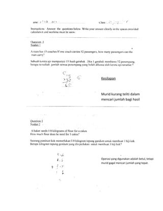 Kesilapan



Murid kurang teliti dalam
mencari jumlah bagi hasil
darab




Operasi yang digunakan adalah betul, tetapi
murid gagal mencari jumlah yang tepat.
 
