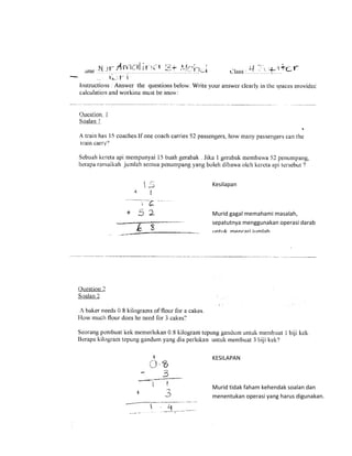 Kesilapan



Murid gagal memahami masalah,
sepatutnya menggunakan operasi darab
untuk mencari jumlah .




KESILAPAN



Murid tidak faham kehendak soalan dan
menentukan operasi yang harus digunakan.
 