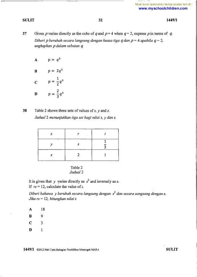 Contoh Soalan Pt3 Matematik Mrsm  Wrotiawan