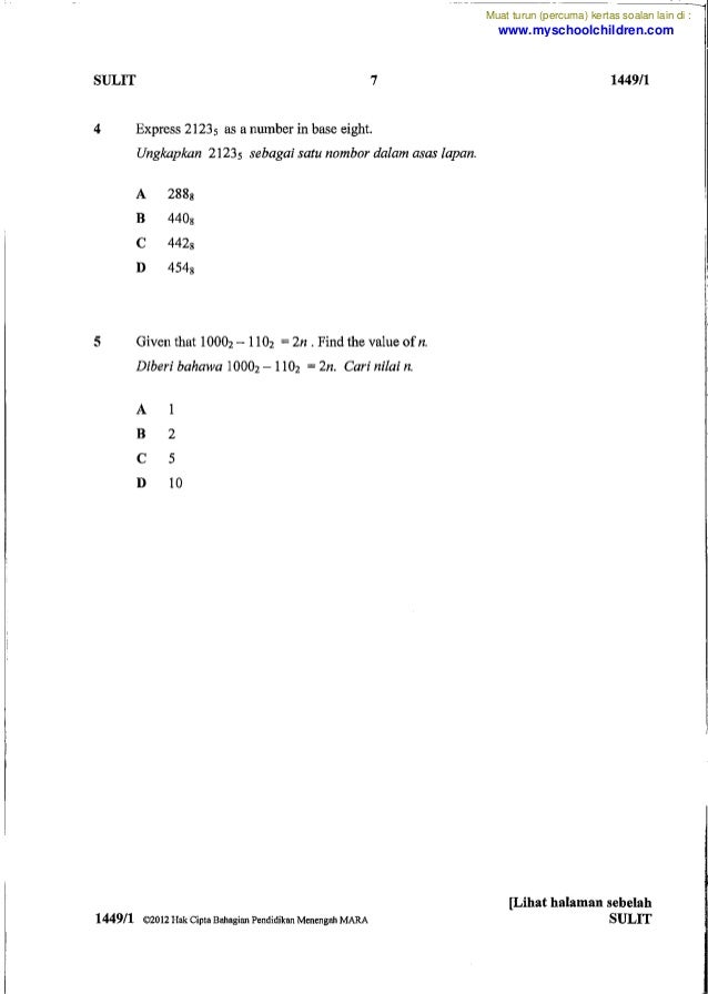 Ujian Asas Matematik Mrsm Tingkatan 1