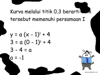 Kurva melalui titik 0,3 berarti titik tersebut memenuhi persamaan I   y = a (x - 1) 2  + 4 3 = a (0 - 1) 2  + 4  3 - 4 = a a = -1   