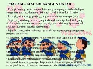 MACAM – MACAM BANGUN DATAR
• Persegi Panjang, yaitu bangun datar yang mempunyai sisi berhadapan
yang sama panjang, dan memiliki empat buah titik sudut siku-siku.
• Persegi, yaitu persegi panjang yang semua sisinya sama panjang.
• Segitiga, yaitu bangun datar yang terbentuk oleh tiga buah titik yang
tidak segaris.. macam macamnya: segitiga sama sisi, segitiga sama kaki,
segitiga siku-siku, segitiga sembarang.
• Jajar Genjang, yaitu segi empat yang sisinya sepasang-sepasang sama
panjang dan sejajar.
• Trapesium, yaitu segi empat yang memiliki tepat sepasang sisi yang
sejajar.
• Layang-layang, yaitu segi empat yang salah satu diagonalnya
memotong tegak lurus sumbu diagonal lainnya.
• Belah Ketupat, yaitu segi empat yang semua sisinya sama panjang dan
kedua diagonalnya saling berpotongan tegak lurus.
• Lingkaran, yaitu bangun datar yang terbentuk dari himpunan semua
titik persekitaran yang mengelilingi suatu titik asal dengan jarak yang
sama. jarak tersebut biasanya dinamakan r, atau radius, atau jari-jari.
 