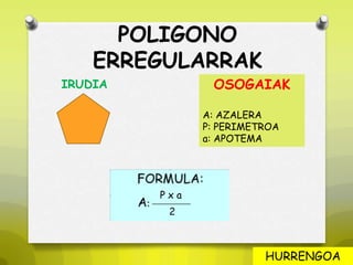 POLIGONO
ERREGULARRAK
IRUDIA OSOGAIAK
A: AZALERA
P: PERIMETROA
a: APOTEMA
P x a
HURRENGOA
 