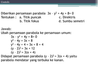 Contoh: 
Diberikan persamaan parabola 3x – y2 + 4y + 8= 0 
Tentukan : a. Titik puncak c. Direktris 
b. Titik fokus d. Sumbu semetri 
Jawab: 
Ubah persamaan parabola ke persamaan umum: 
3x – y2 + 4y + 8= 0 
y2 - 4y = 3x + 8 
y2 - 4y + 4 = 3x + 8 + 4 
(y – 2)2 = 3x + 12 
(y – 2)2 = 3(x + 4) 
Didapat persamaan parabola (y – 2)2 = 3(x + 4) yaitu 
parabola mendatar yang terbuka ke kanan. 
 